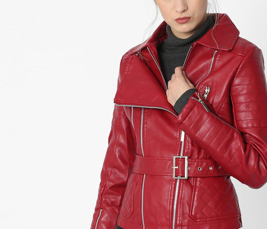 Women Real Lambskin Leather Biker Jacket KW571