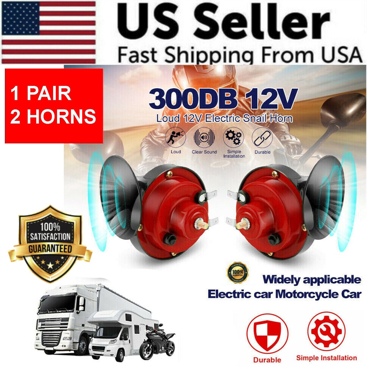 2PC 12V 300DB Super Loud Train Air Horn Waterproof Motorcycle Car