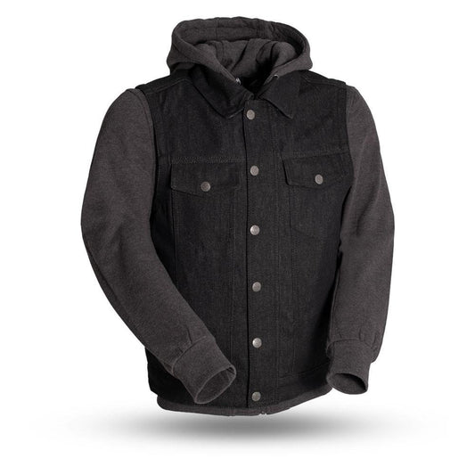 Rook - Men's Motorcycle Denim Vest with Gray/Black Base Hoodie-FS