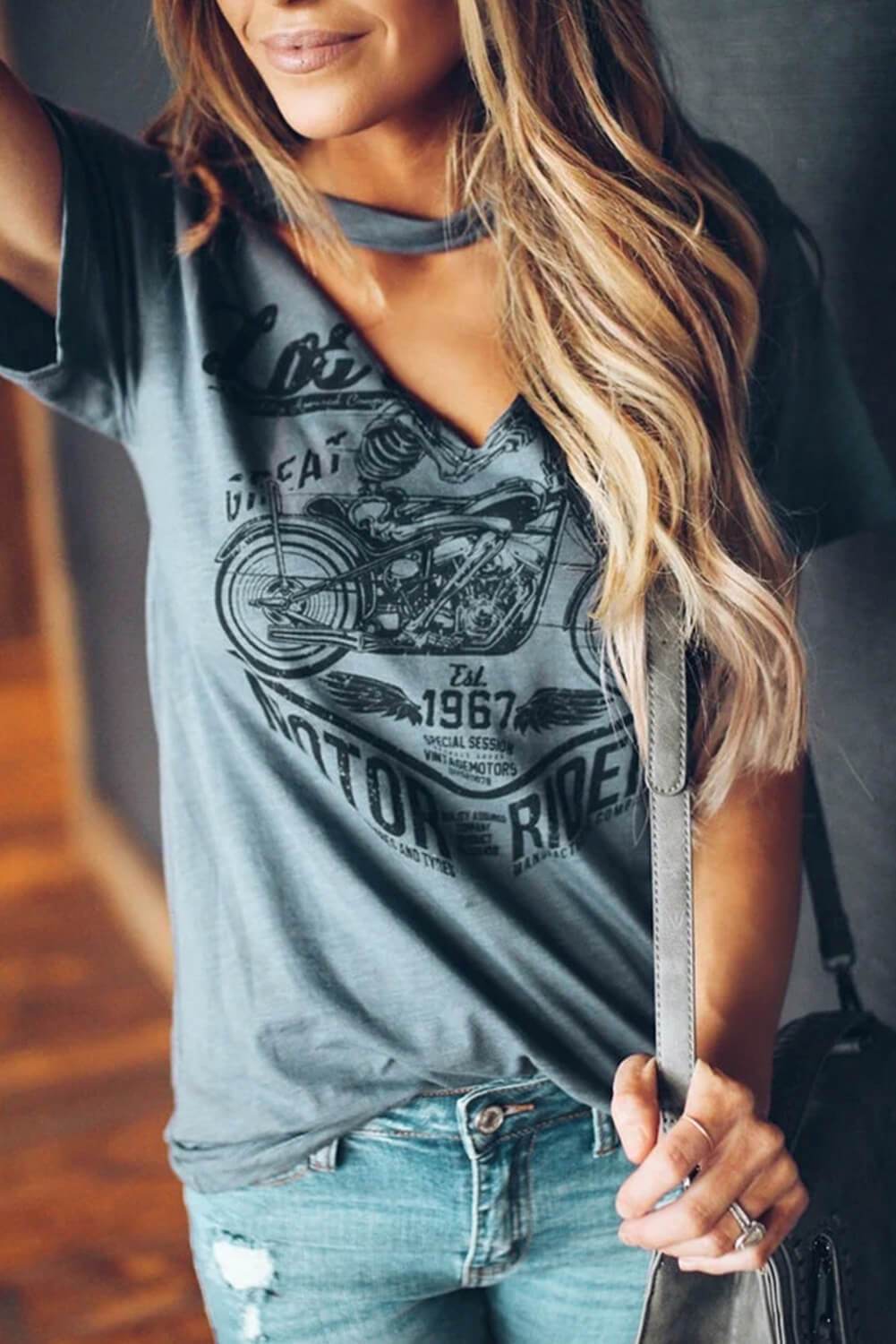 Gray Funny Motorcycle Printed Halter V-Neck Short Sleeve T Shirt