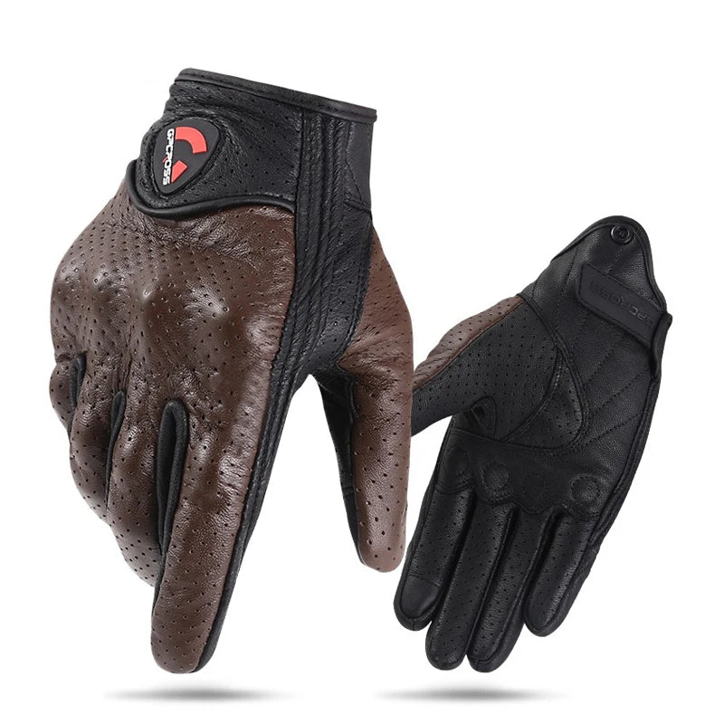 Retro Pursuit Perforated Real Leather Motorcycle Gloves Moto Windproof