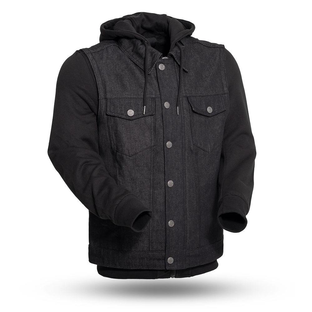 Rook - Men's Motorcycle Denim Vest with Gray/Black Base Hoodie-FS