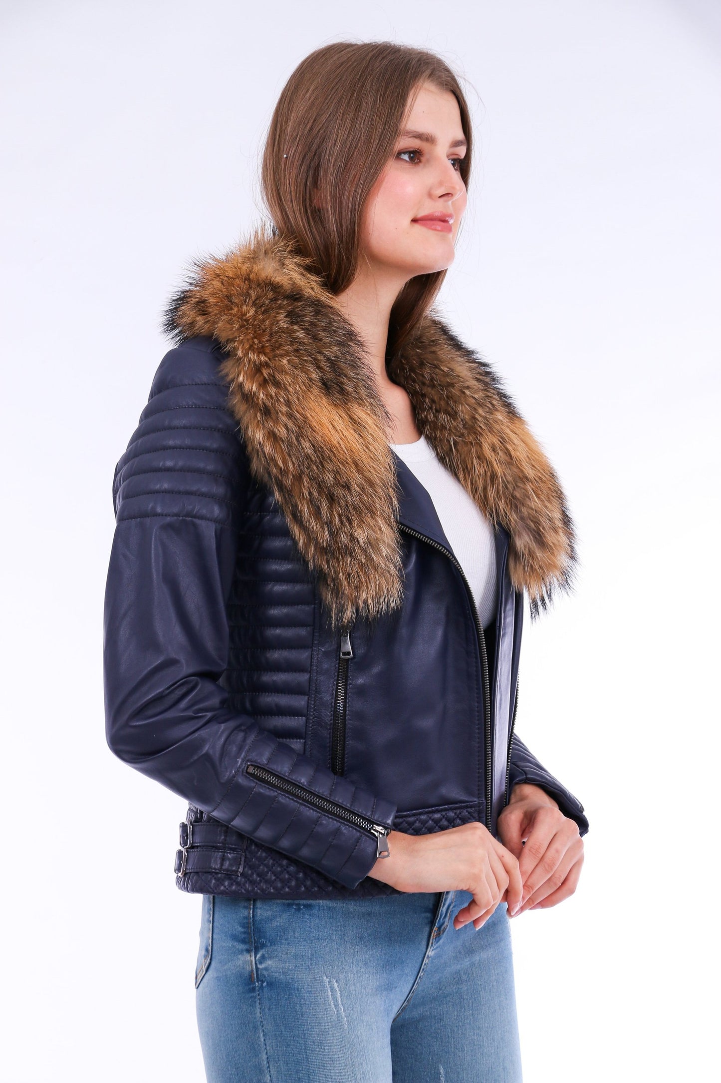 Milani Quilted Leather Biker Jacket - Navy Blue