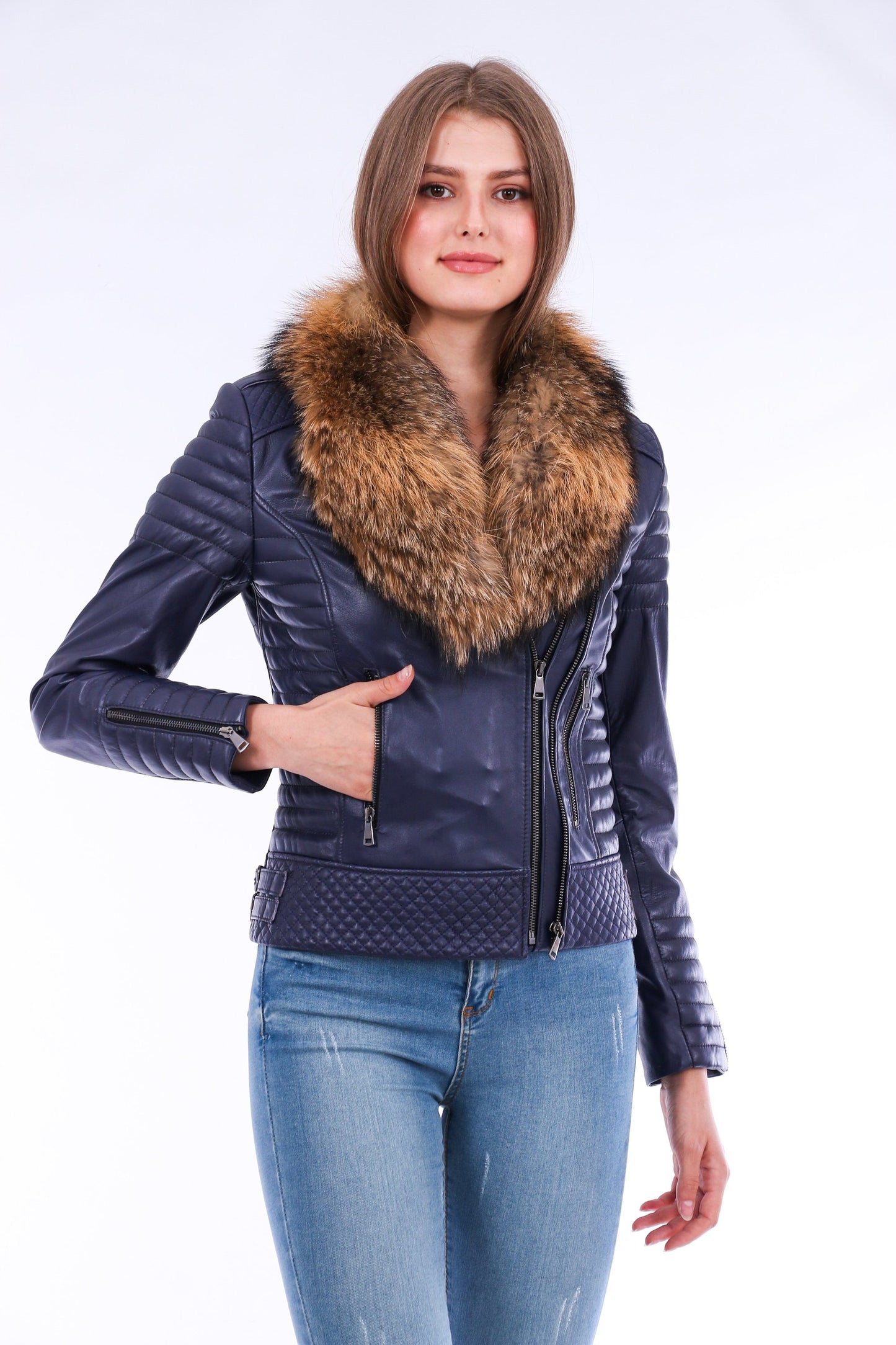 Milani Quilted Leather Biker Jacket - Navy Blue