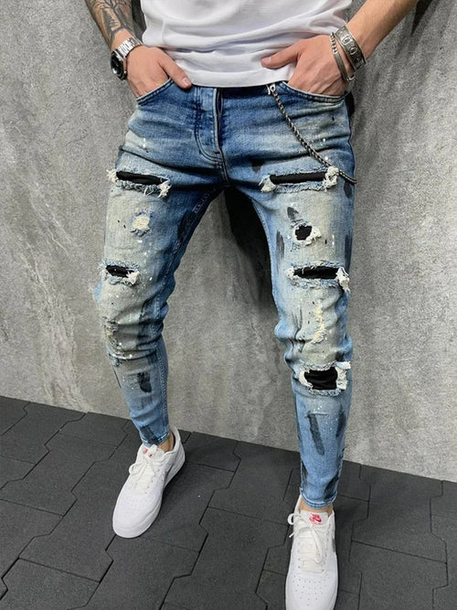 Biker Jeans Men's Distressed Stretch Ripped Biker Jeans Men Hip Hop