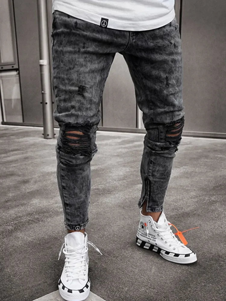 Biker Jeans Men's Distressed Stretch Ripped Biker Jeans Men Hip Hop