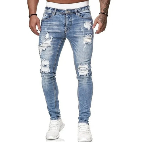 Biker Jeans Men's Distressed Stretch Ripped Biker Jeans Men Hip Hop