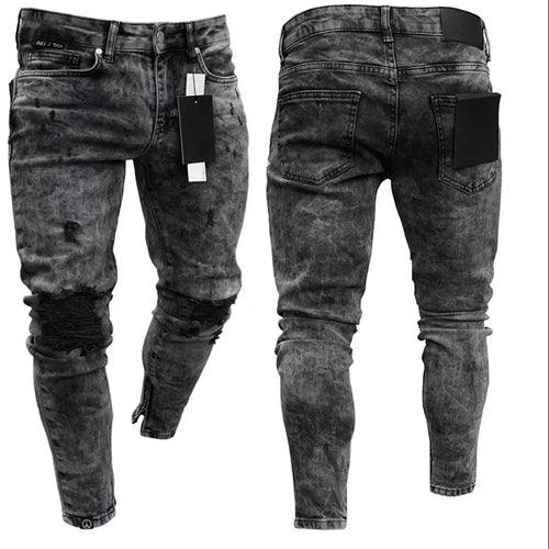 Biker Jeans Men's Distressed Stretch Ripped Biker Jeans Men Hip Hop