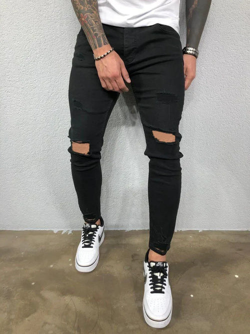 Biker Jeans Men's Distressed Stretch Ripped Biker Jeans Men Hip Hop