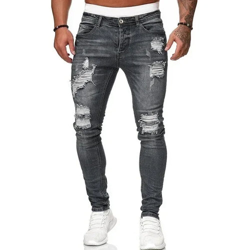 Biker Jeans Men's Distressed Stretch Ripped Biker Jeans Men Hip Hop