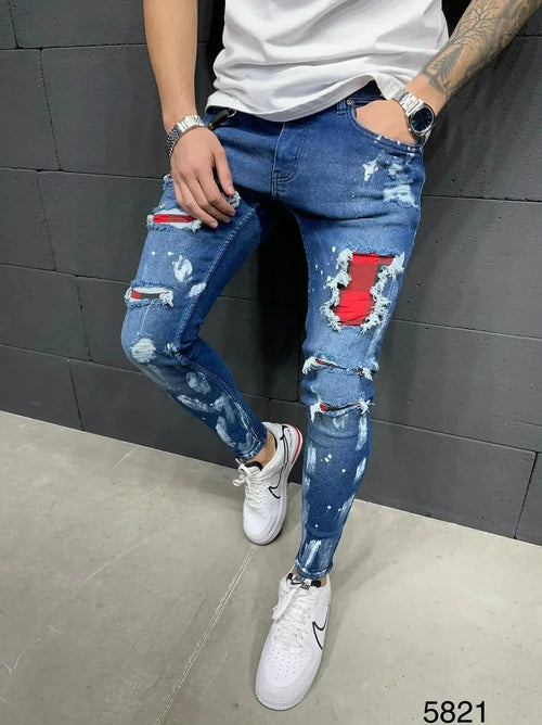 Biker Jeans Men's Distressed Stretch Ripped Biker Jeans Men Hip Hop