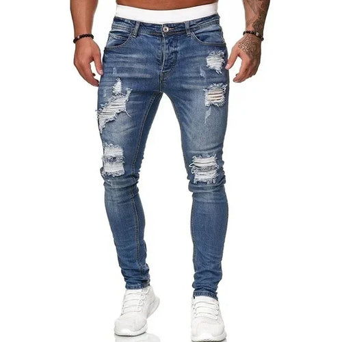 Biker Jeans Men's Distressed Stretch Ripped Biker Jeans Men Hip Hop