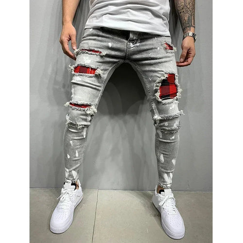 Biker Jeans Men's Distressed Stretch Ripped Biker Jeans Men Hip Hop