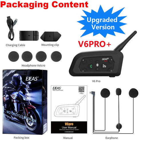 EJEAS V6 PRO + Motorcycle Helmet Intercom Bluetooth Headset 800M