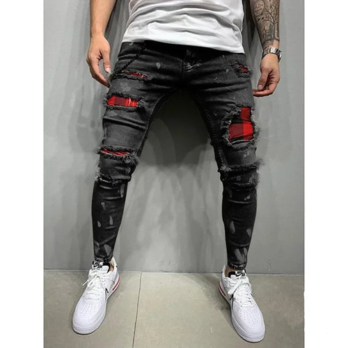 Biker Jeans Men's Distressed Stretch Ripped Biker Jeans Men Hip Hop