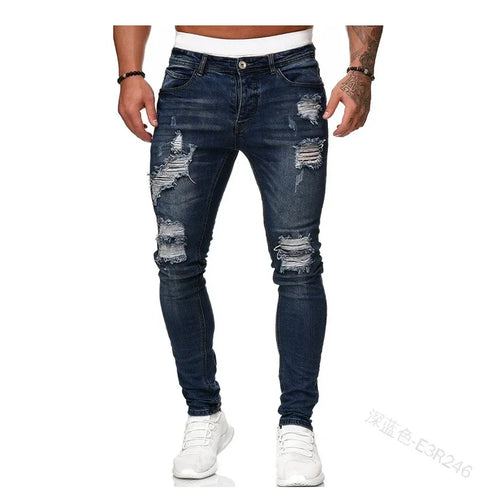 Biker Jeans Men's Distressed Stretch Ripped Biker Jeans Men Hip Hop