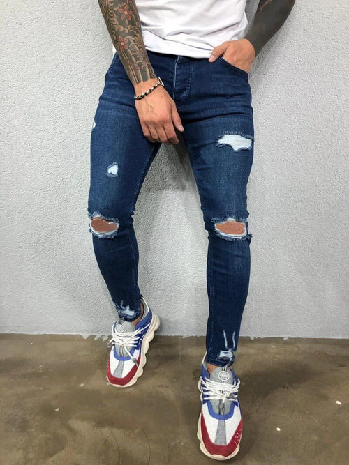 Biker Jeans Men's Distressed Stretch Ripped Biker Jeans Men Hip Hop