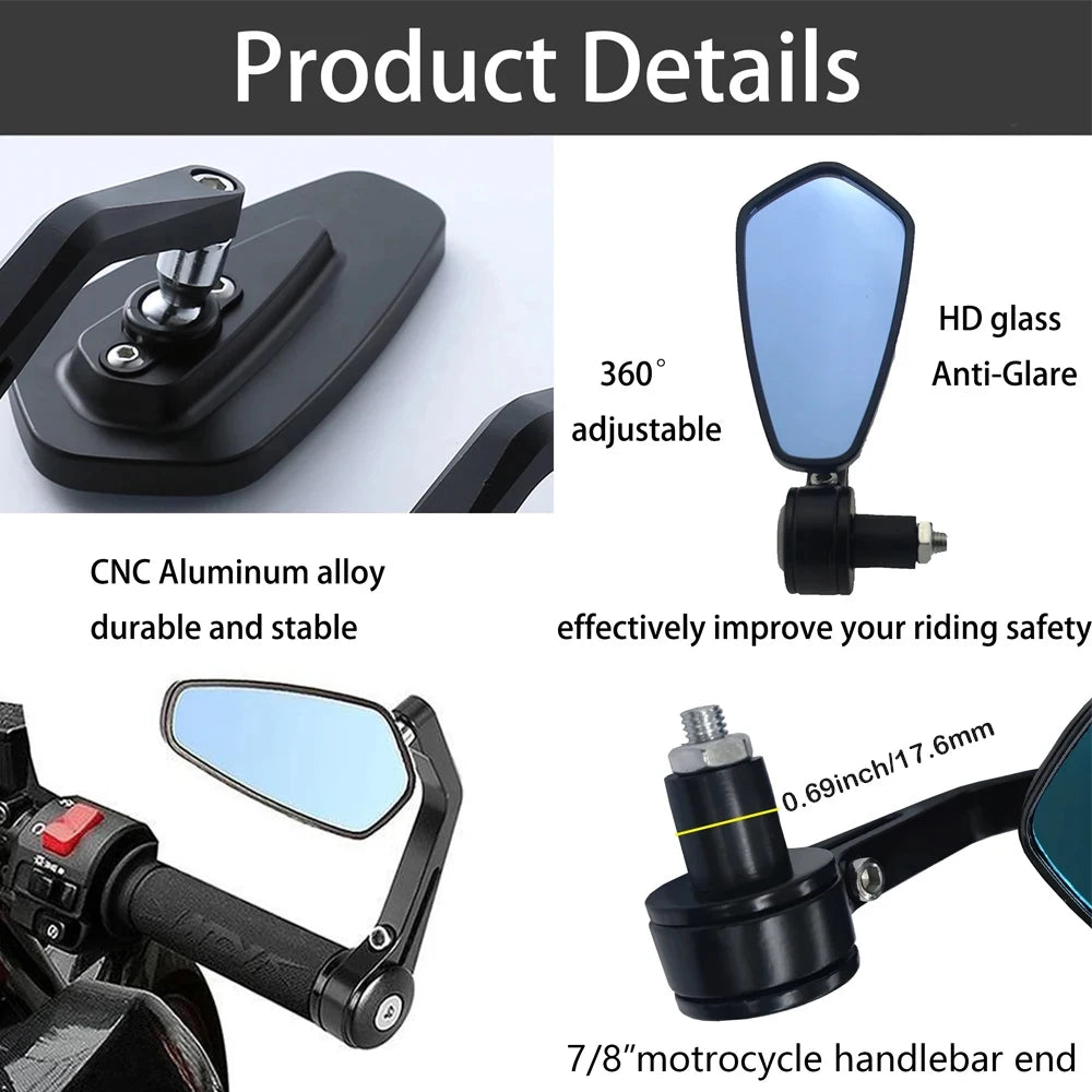 2x 7/8" 20mm Motorcycle Rear View Mirrors Anti-Glare HD Motorbike