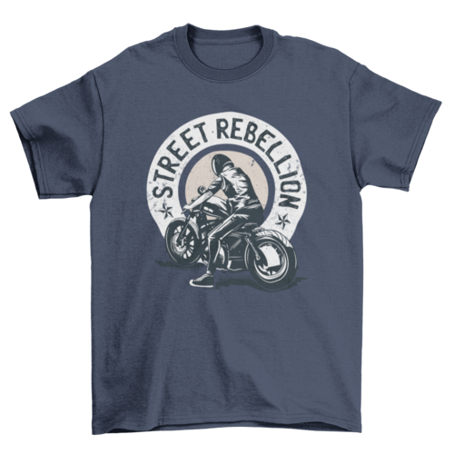 Biker riding motorcycle with quote STREET REBELLION illustration