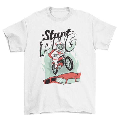 Cute pug dog with a motorcycle over cars with STUNT PUG quote t-shirt