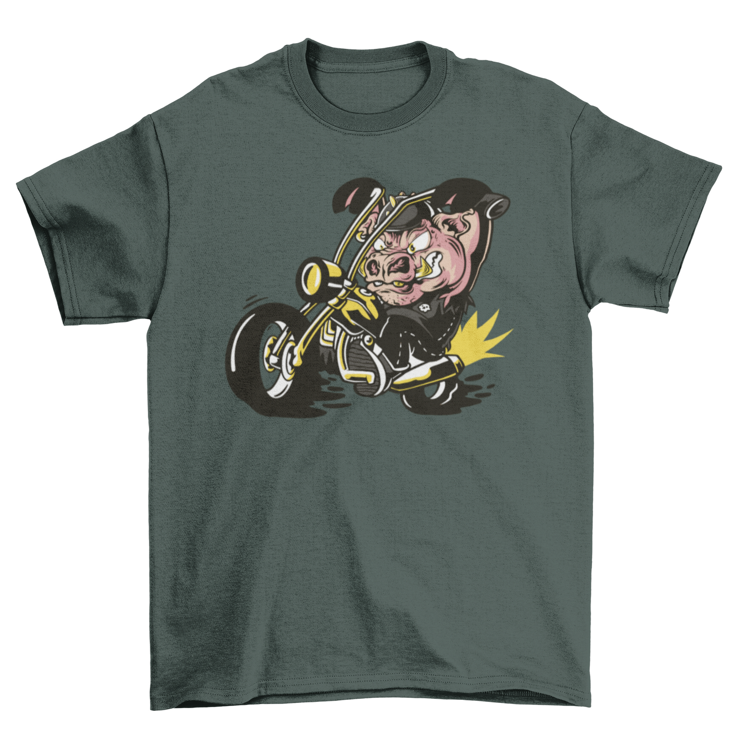 Pig animal in a motorcycle t-shirt