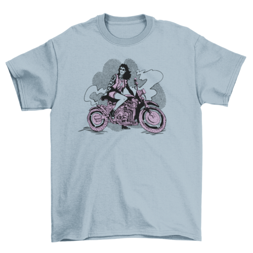 Woman in motorcycle t-shirt