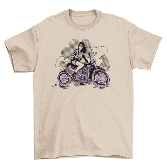 Woman in motorcycle t-shirt